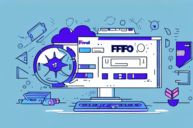 Illustration of a new computer monitor showcasing abstract, digital-themed graphics, featuring a magnifying glass, arrow, and cloud. Various geometric shapes surround the display. The vibrant color scheme of blue and purple adds depth to the modern design.