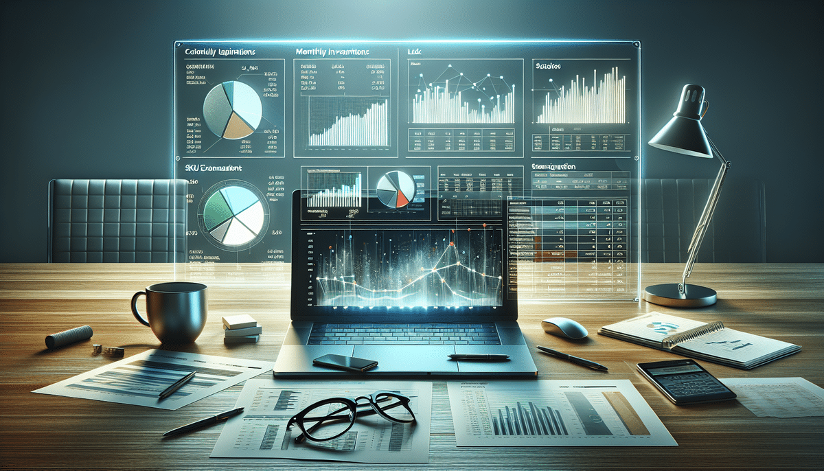A laptop on a wooden desk showcases complex data graphs and charts, integral to an effective inventory report. Surrounding the laptop are a lamp, eyeglasses, papers, a pen, a calculator, and a cup, all contributing to a focused workspace atmosphere.