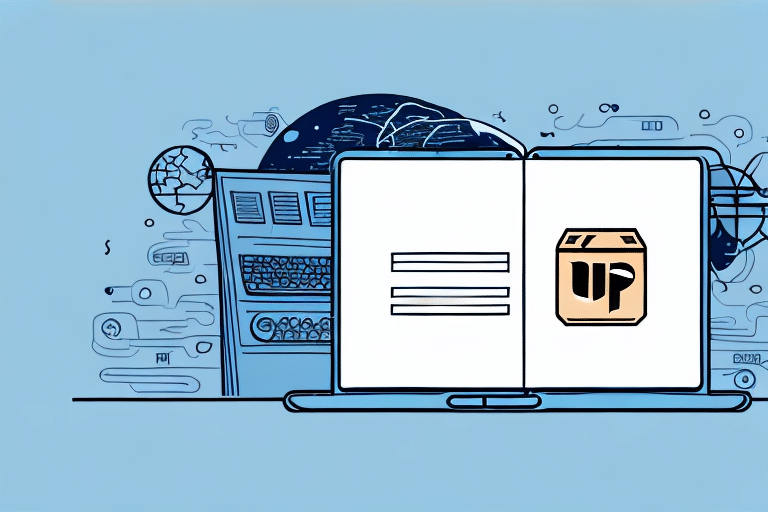 A digital illustration features an open laptop displaying a package with UP on it, hinting at UPS WorldShip. The background, awash in blue tones, showcases abstract technological and global elements, suggesting themes of innovation and connectivity.