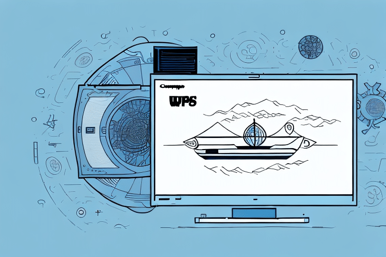 A stylized illustration of a computer screen showcasing a minimalist boat drawing labeled WPS. The background is blue, adorned with abstract technological designs and mechanical components. Subtly integrated are elements reminiscent of UPS WorldShip, hinting at the creation of a return label.