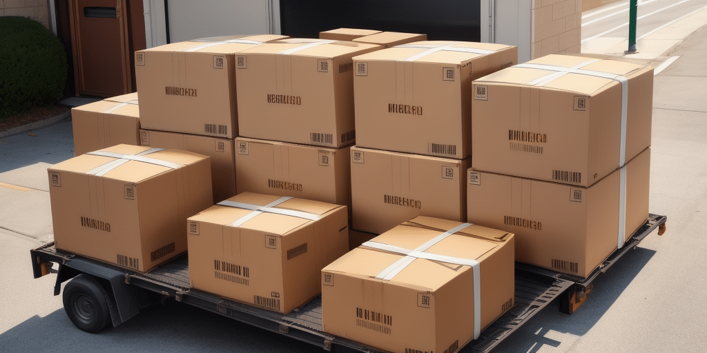 A stack of large brown cardboard boxes with white straps is arranged on a flatbed trolley outdoors, akin to a UPS Worldship delivery process. The trolley, near an open door, suggests loading or unloading while sunlight casts shadows on the ground.