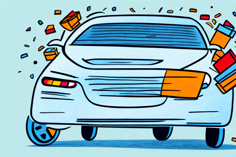 Illustration of a white car with abstract, colorful geometric shapes scattered around it, representing movement or speed while showing how to deliver packages efficiently. The background is a light blue color, giving the image a dynamic and playful feel.