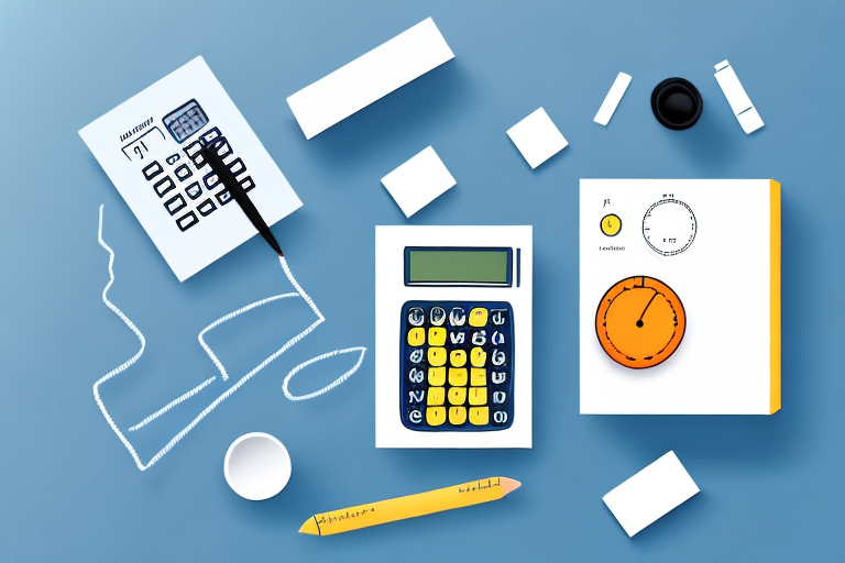 A flat lay of a calculator, notepad, pencil, and various office supplies on a blue surface is ideal for assessing package evaluation. The calculator with its digital screen and colorful buttons aids in determining value. Nearby are a paper cup, erasers, and a clock with dials to keep track of time.