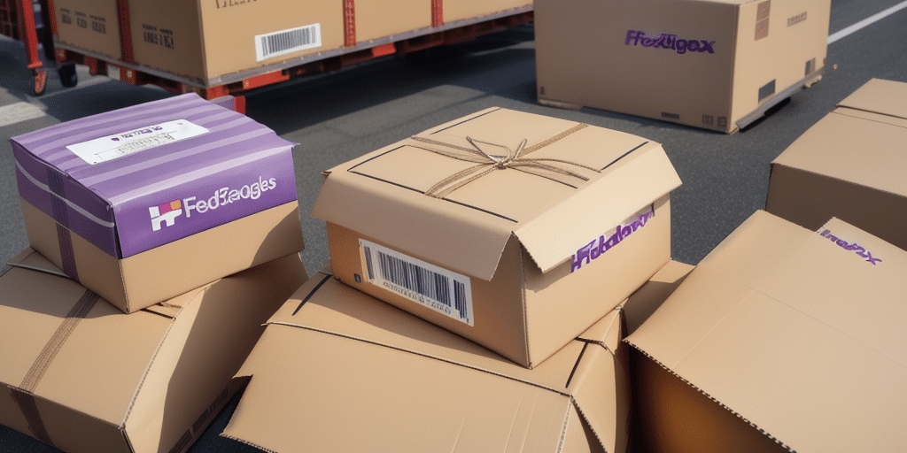 Several cardboard boxes with customized FedEx shipping labels are stacked on a paved surface next to a red metal cart, suggesting a shipping or delivery scene likely managed through FedEx Ship Manager.