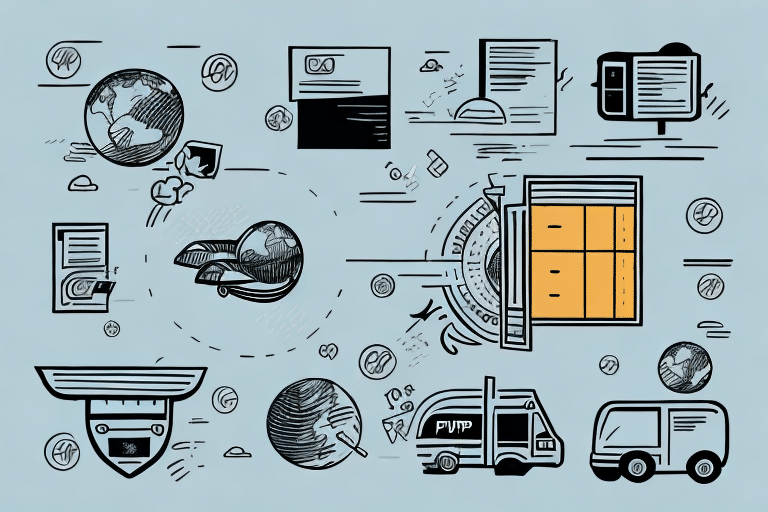 Illustration featuring icons of global communication, shipping, documents, and technology. Includes images of globes, computers displaying UPS WorldShips default settings, trucks resembling those from UPS Ground, and packages on a light gray background, symbolizing networking and logistics.