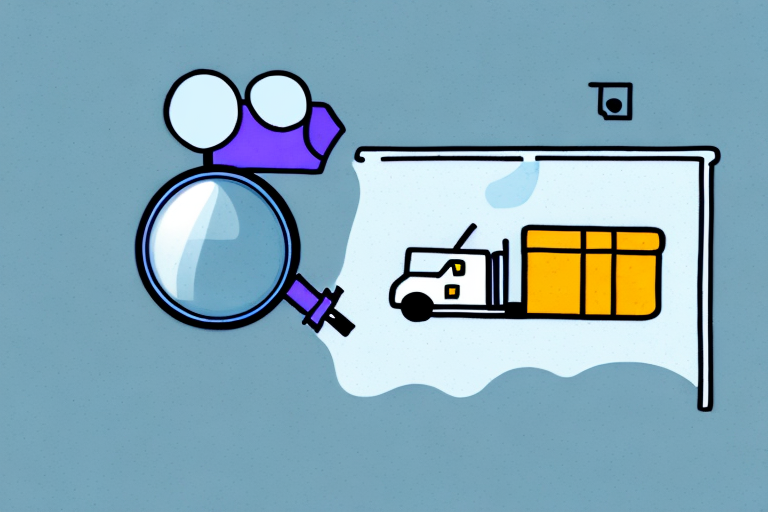 An illustration of a FedEx truck with an orange cargo container is displayed on a screen, scrutinized by a purple magnifying glass. A small security camera in the top right corner keeps watch, emphasizing security amidst potential shipping rate disputes. The background is light blue.