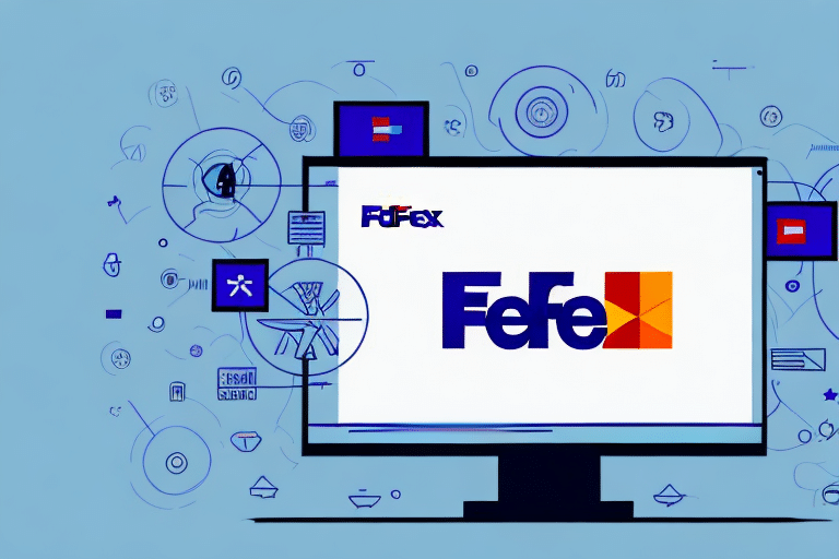 A computer monitor displays a companys logo with FeFe in blue and red. Surrounding the screen, icons suggest digital concepts like FedEx Ship Manager and downloading the latest rates, all set against a light blue background.
