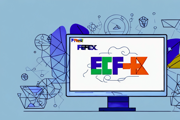 A computer monitor displays colorful abstract text and shapes against a blue background. Surrounding the screen are geometric line drawings resembling various polygons, evoking the organized precision of FedEx tracking numbers and adding a modern and artistic touch.