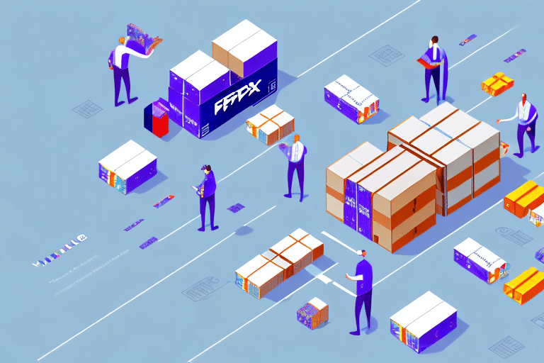 Illustration of people organizing boxes on a blue background. Some individuals, possibly using FedEx Ship Manager, are stacking and moving packages, while others inspect them. The scene suggests logistics or warehouse operations involving various sizes of cardboard boxes for multi-piece shipments.