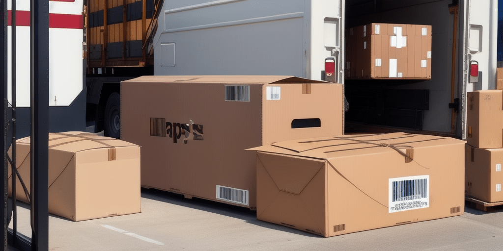 A delivery truck with an open door is parked, surrounded by several large cardboard boxes adorned with a shipping label. The scene suggests a moving or delivery in progress, possibly utilizing UPS Worldship to ensure everything is efficiently tracked and organized.