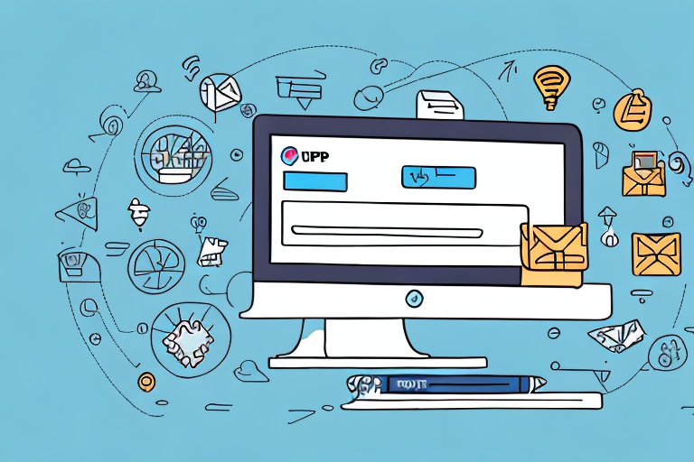 An illustration of a desktop computer displaying a login screen with icons for digital communication tools like email, chat, and cloud storage surrounds it. The background is light blue, highlighting how effortlessly UPS online service lets you manage tasks such as changing addresses online.