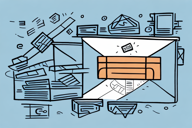 An illustration of an open envelope with a letter inside, surrounded by abstract shapes and other envelopes on a blue background, symbolizes effective communication in an ever-evolving world. Embrace the efficiency of UPS address change for seamless correspondence.