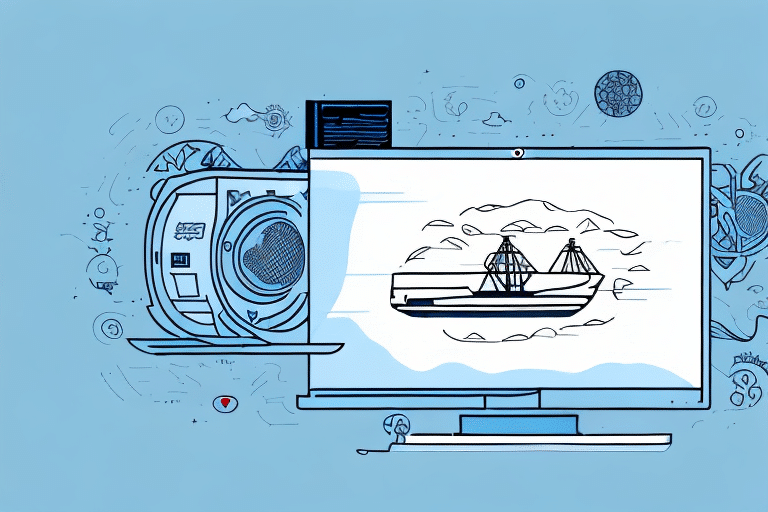 A computer monitor displays a drawing of a boat surrounded by clouds, akin to the UPS WorldShip interface. To the left, a large camera with a lens is aimed at the screen. The background bursts with abstract technology-themed doodles on a blue backdrop.