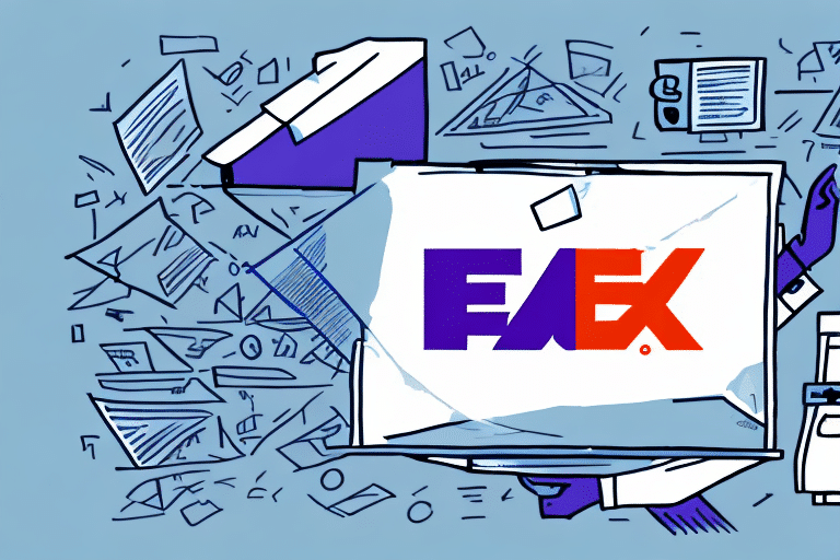 A stylized drawing of FedEx envelopes and packages scattered on a blue surface, featuring the iconic FedEx logo prominently on a FedEx label. Some parcels are opened with documents spilling out, while the look of an email being printed adds a modern touch to this delivery-themed artwork.