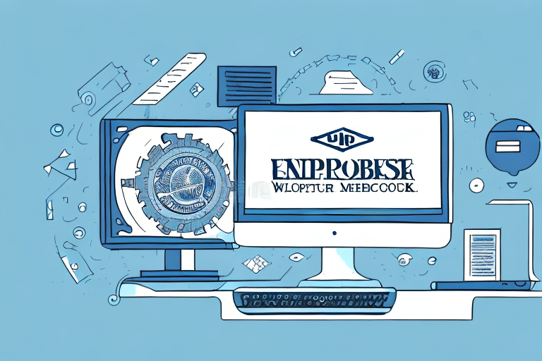 Illustration of a computer setup with two monitors. The left screen displays a gear motif, while the right shows an abstract logo resembling text. Various geometric icons, including hints of QuickBooks Enterprise and UPS Worldship downloads, float around, all set against a light blue background.