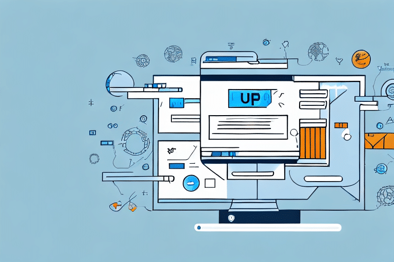 A blue-toned abstract illustration of a computer monitor showcases a desktop filled with various interface elements, icons, and geometric shapes. The word UP is visible on the screen, hinting at features like Excel export options. Technical diagrams and symbols enrich the background.