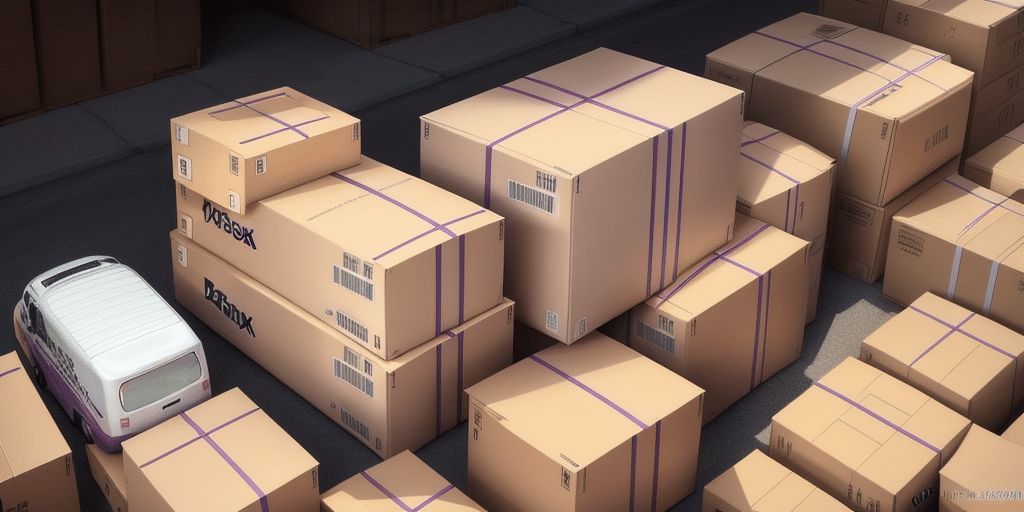A small van parked next to a large stack of cardboard boxes labeled with various brand logos. The boxes are piled high on the street, suggesting a busy shipping scene possibly coordinated through FedEx Ship Manager. The pavement and part of a building are visible in the background.