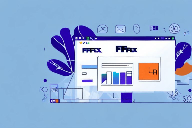Illustration of a computer screen displaying a web browser with a stylized logo, bar chart, and icons. The background features abstract shapes and mathematical symbols on a light blue backdrop, seamlessly integrating elements reminiscent of FedEx Ship Manager Integration for streamlined logistics.