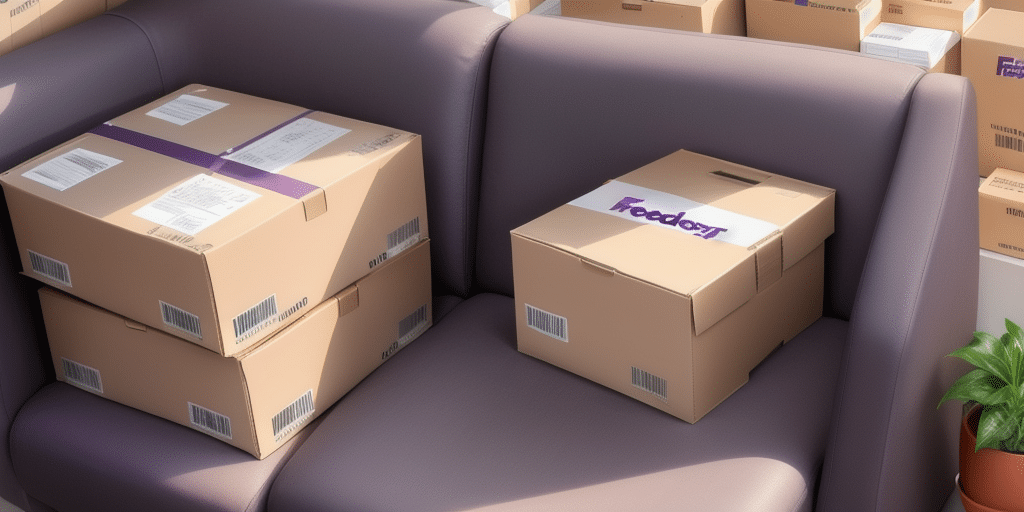 Cardboard boxes stacked on a purple sofa, some scattered around, hint at a move. One box labeled Foodcast catches the eye while an address book peeks out from another. A small green plant adds life to the scene in the lower right corner.