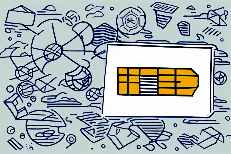Illustration of a SIM card surrounded by abstract geometric shapes and technology-related icons, like clouds, satellites, and lines, resembling the interconnected web of UPS WorldShip tracking numbers, on a light gray background.