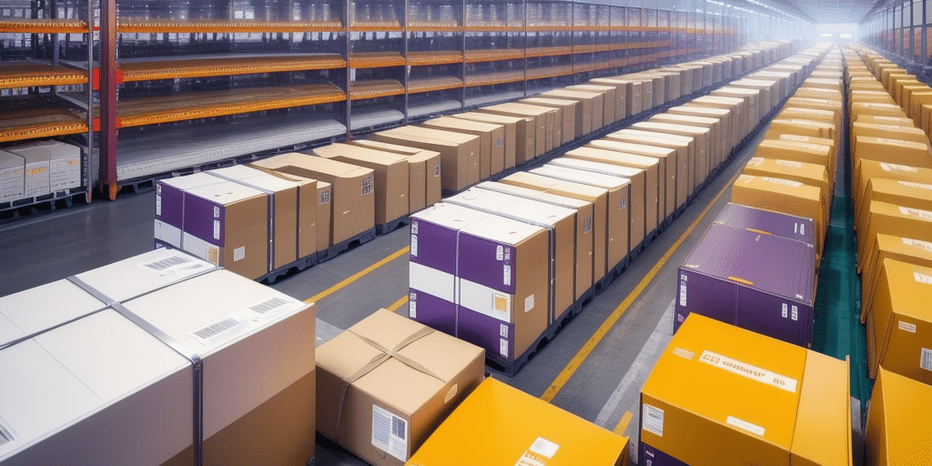 A large warehouse filled with rows of neatly organized, sealed cardboard boxes on wooden pallets awaits processing through FedEx Ship Manager. The aisles are wide and well-lit, stretching into the distance. Shelving units line the walls, meticulously categorized by reference number, holding additional packages.