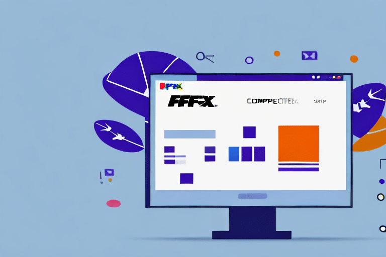 The illustration features a digital display showcasing logos of COMPUTEX and FFEX alongside elements reminiscent of FedEx Ship Managers interface. Abstract geometric shapes, including arrows and circles, contribute to its modern, vibrant feel against a light blue background.