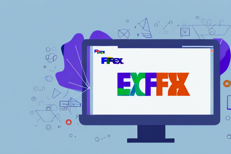 A computer monitor displays colorful text with geometric shapes and symbols, while the FedEx Ship Manager installation screen prominently includes a product key prompt against a light blue backdrop.