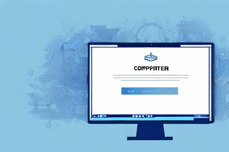 A computer monitor displaying a website with the heading COMPPMTER on a light blue background. The screen shows text and buttons, surrounded by abstract geometric designs, inviting users to find out about the latest version.