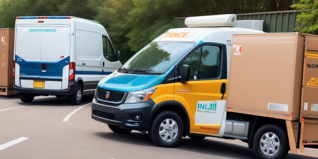 A yellow and white delivery van, perhaps used for local delivery jobs, is parked next to a brown cargo container, with a blue and white van nearby. The scene unfolds in an outdoor area adorned with greenery in the background.