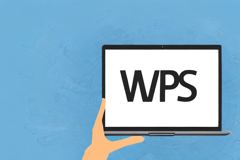 An illustration of a hand holding an open laptop showcases the letters WPS on the screen. The light blue background features faint schematic drawings, reminiscent of organizing a UPS Worldship Address Book.