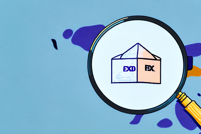 A magnifying glass enlarges an envelope containing folded documents, hinting at the need to find product keys. The words EXD and PX are visible on the envelope, reminiscent of a FedEx Ship Manager package. The background is light blue with abstract purple and orange splashes.