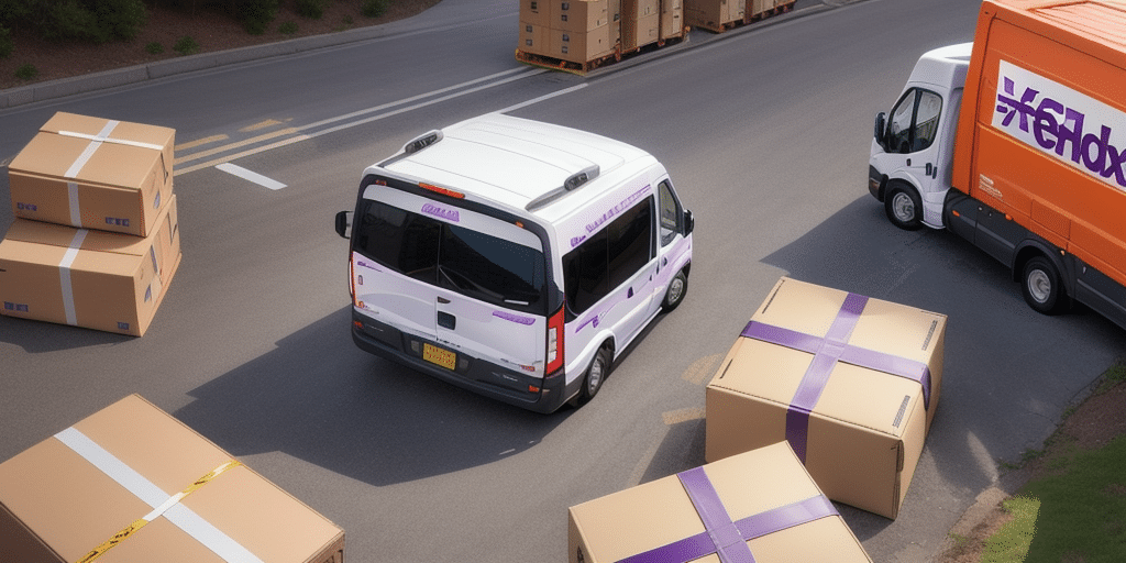 A white delivery van and an orange truck drive along a road bordered by large cardboard boxes secured with purple ribbons, evoking a scene reminiscent of FedEx Ship Manager coordinating logistics or transportation activities.