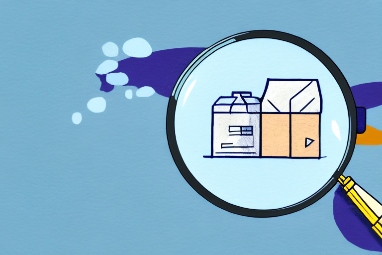 An illustrated magnifying glass focuses on two boxes, one smaller and silver-colored, the other larger and beige, resembling packages ready for FedEx Ship Manager. They sit on a blue background with abstract patterns.