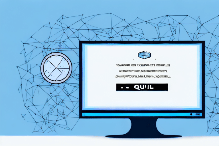A computer monitor displays text resembling code, with the word QUIT at the bottom and hints of an SQL Install Error. A circular geometric shape sits on the left, set against a blue background with abstract line patterns reminiscent of tech schematics like those in UPS WorldShip.