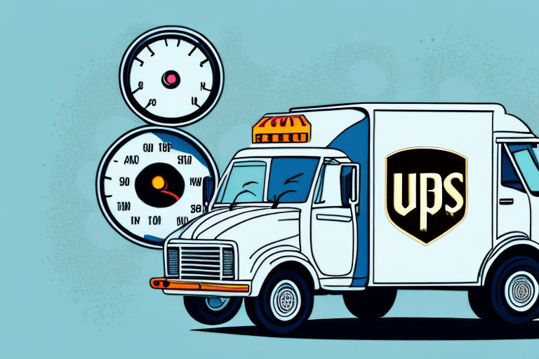 A cartoon UPS delivery truck with a friendly face speeds against a blue background, its gigantic speedometer hitting 90 mph. The exaggerated gauge humorously hints at fixing slow running issues in UPS Worldship, capturing urgency and efficiency in one swift motion.