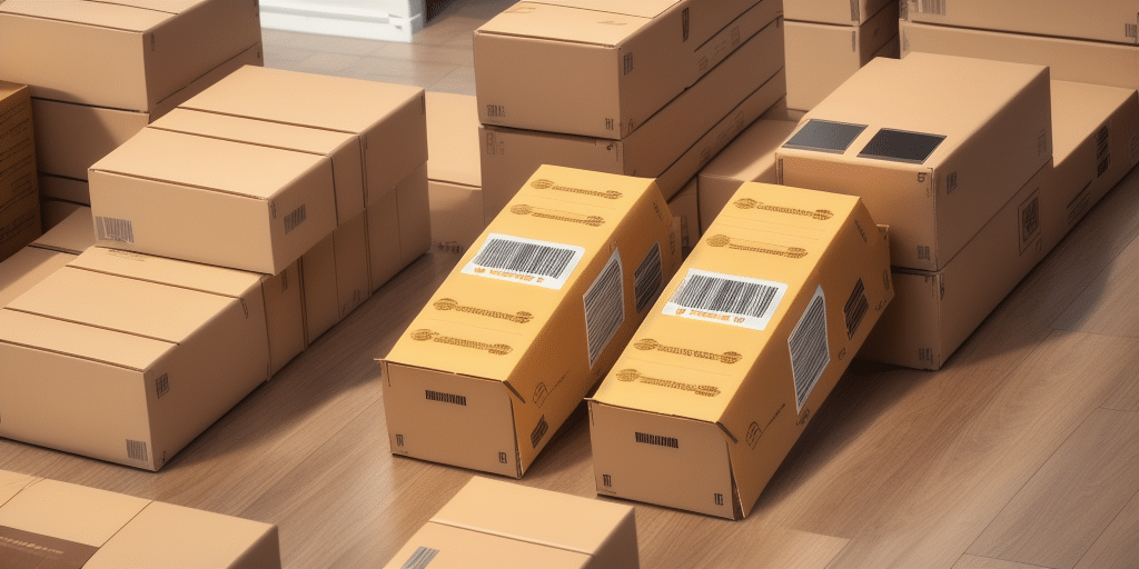 A collection of stacked and neatly arranged cardboard boxes with shipping labels sits in a room with wooden flooring. The boxes vary in size, some bearing barcodes and package symbols, seemingly ready for dispatch despite a UPS WorldShip HTTPcomm Error lurking in the digital background.