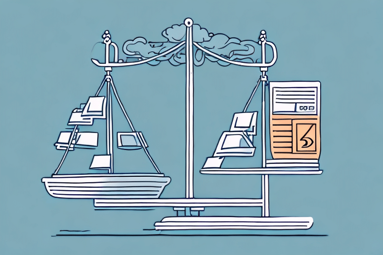 A stylized illustration of a balance scale on a blue background. The left side is weighed down with numerous documents, while the right features fewer documents and a digital device like UPS WorldShip, highlighting technologys impact on paperwork.