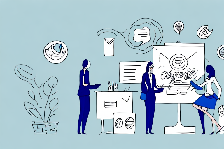 Illustration of four business people in an office setting discussing a presentation. They stand around a screen displaying the word email, learning how to generate effective strategies. Various symbols, like envelopes and speech bubbles, float above. A potted plant is in the foreground.
