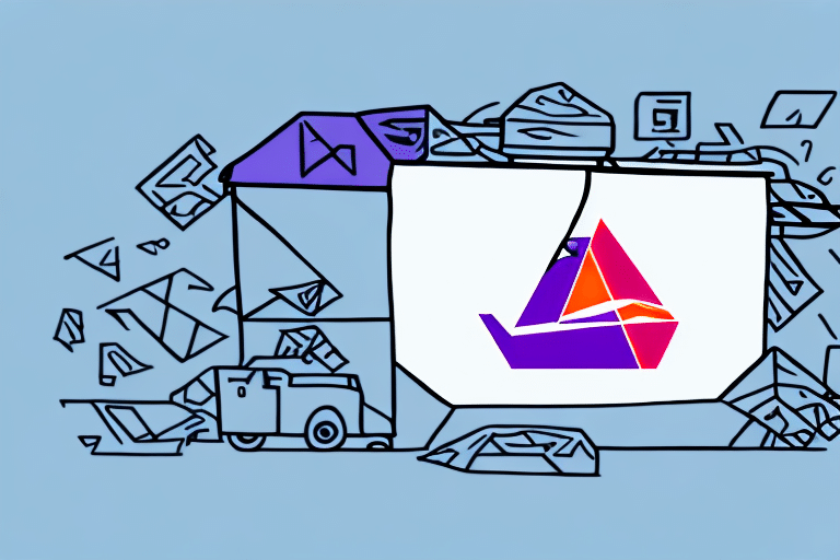 Illustration of geometric shapes forming a truck with an OpenSea logo on its side, akin to a FedEx Ship Manager design. The truck is surrounded by abstract shapes on a blue background.