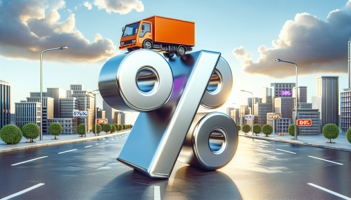 A shiny, oversized percent symbol stands on a city street, with an orange delivery truck on top. Skyscrapers and streetlights line the background as various percentage signs tout discounted FedEx rates on billboards.