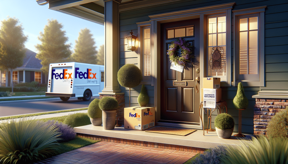 A FedEx delivery truck is parked on a suburban street, leaving packages stacked neatly on the doorstep of a house with a blue exterior. Bathed in warm, late afternoon sunlight, the scene is complete with a wreath-adorned front door, as deliveries are made without needing a signature.