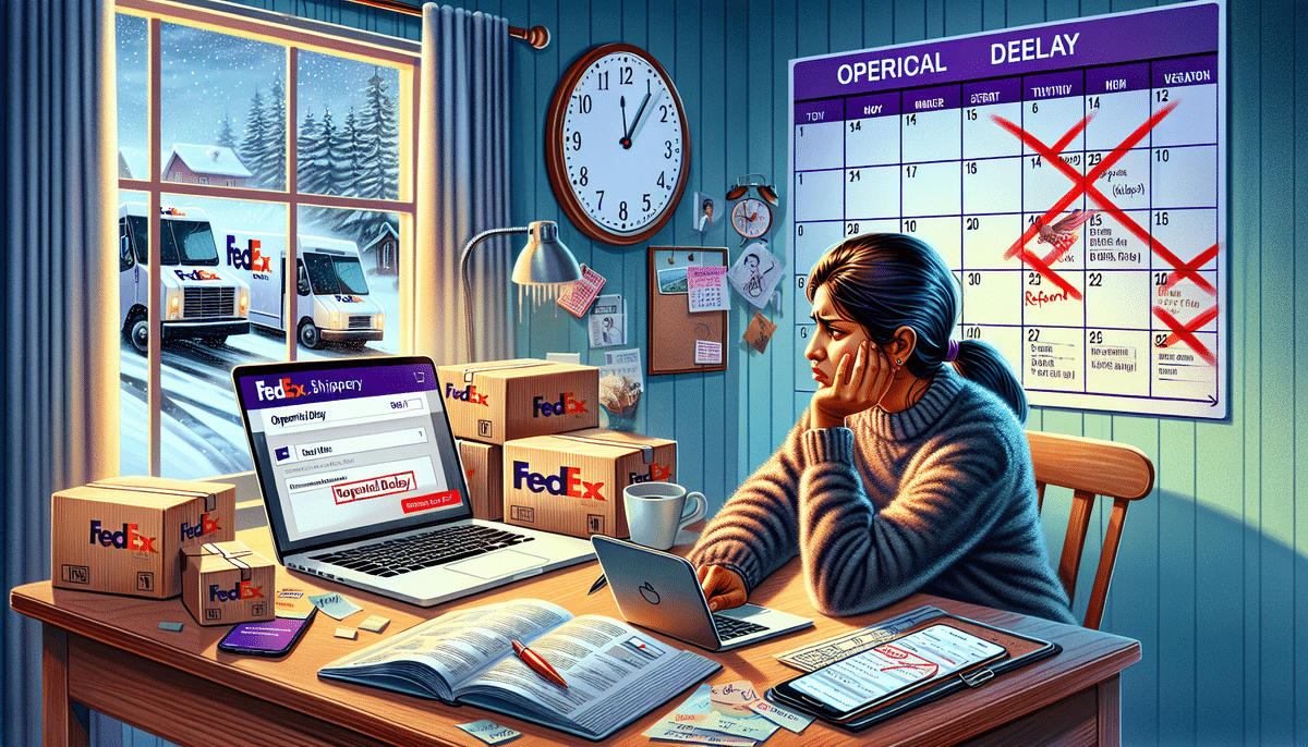 A person sits at a desk indoors, surrounded by FedEx boxes and using a laptop with the FedEx website. A large calendar with delivery dates and operational delays is on the wall. Snowy scenery is visible through the window, hinting at possible reasons for a FedEx refund request.