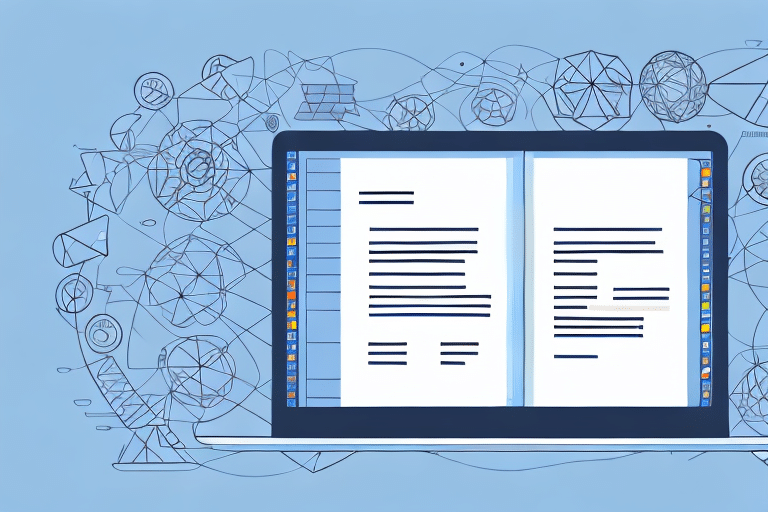 A laptop displaying an open document with text on the screen. Surrounding it are abstract sketches, including gears and scientific symbols, on a blue background. This fusion of technology and creativity hints at importing data from a CSV Address Book into platforms like UPS WorldShip.