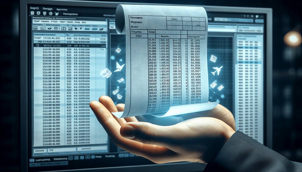A hand holds a digital hologram displaying a spreadsheet with numerical data, alongside floating icons of a shopping cart and airplane. In the background, computer screens highlight spreadsheets and graphs suggesting data analysis through list import functionalities like UPS Worldship or import .CSV options.