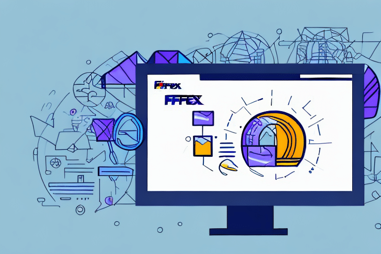 A computer monitor displays a colorful web interface with geometric shapes and a large circular design. Abstract symbols and icons, reminiscent of the FedEx Ship Managers intuitive layout, surround the screen against a light blue background, suggesting a digital or technology theme.