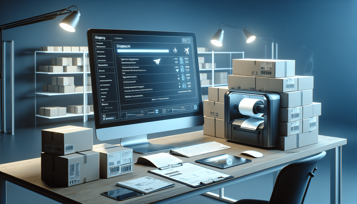 A modern workspace features a new computer showcasing logistics software like UPS Worldship, surrounded by shipping boxes. A label printer is installed nearby, with shelves of more boxes in the background, all under soft lighting.