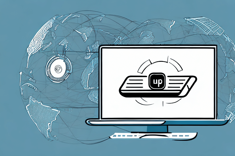 A computer screen displays a keyboard key labeled up, set against a globe backdrop adorned with network lines and digital elements, symbolizing global connectivity and technology. Its reminiscent of UPS WorldShip, enhancing efficiency for all users globally.
