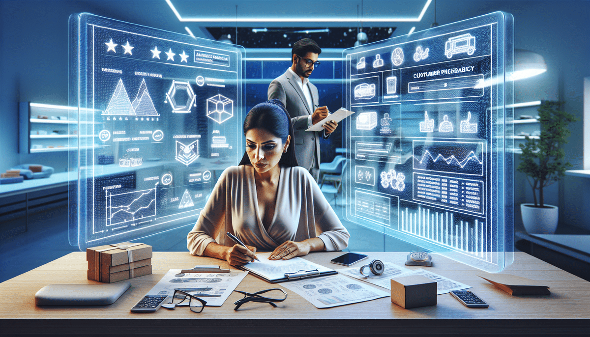 A woman is sitting at a table, writing on documents surrounded by charts and graphs. In the background, a man takes notes next to a transparent digital display with various data visualizations in a futuristic office, focusing on product selection to meet the right needs.