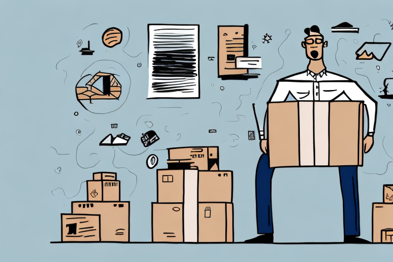 Illustration of a person in a white shirt and blue pants holding a large cardboard box, perhaps pondering a missing UPS package. They are surrounded by various packages and papers, with sketched question marks and abstract shapes on a blue background hinting at the need to make a claim.