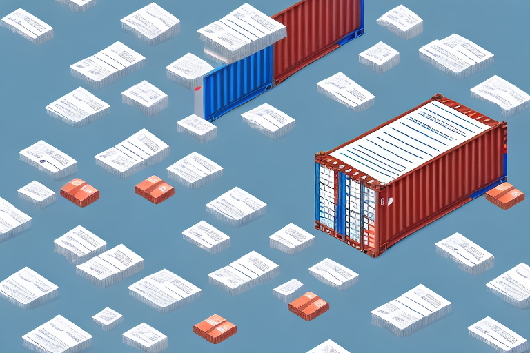 An illustration of shipping containers surrounded by floating documents, including a copy of a Bill of Lading and receipts. Set against a light blue background, the varied document sizes emphasize themes of logistics, paperwork, and how to obtain a Bill of Lading in the shipping world.